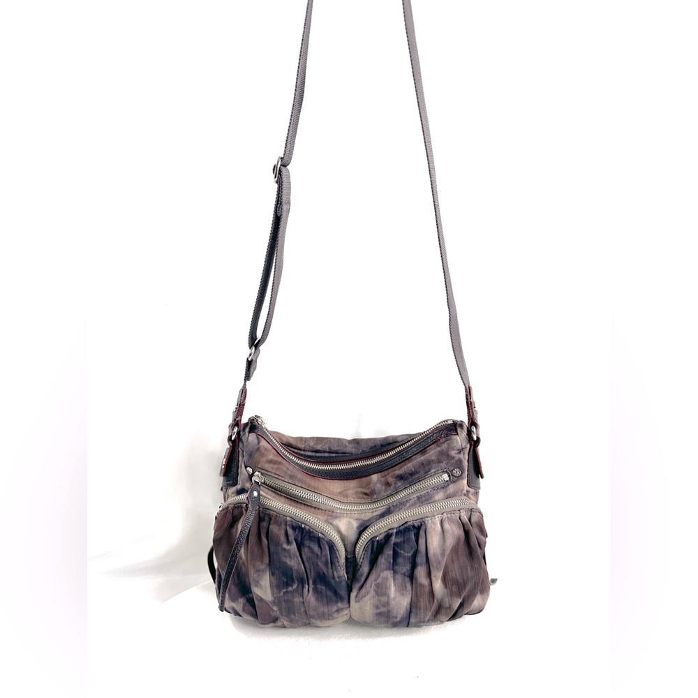 MZ Wallace Taupe Gray Camo Nylon Crossbody Bag 3 Front Pockets Leather Trim